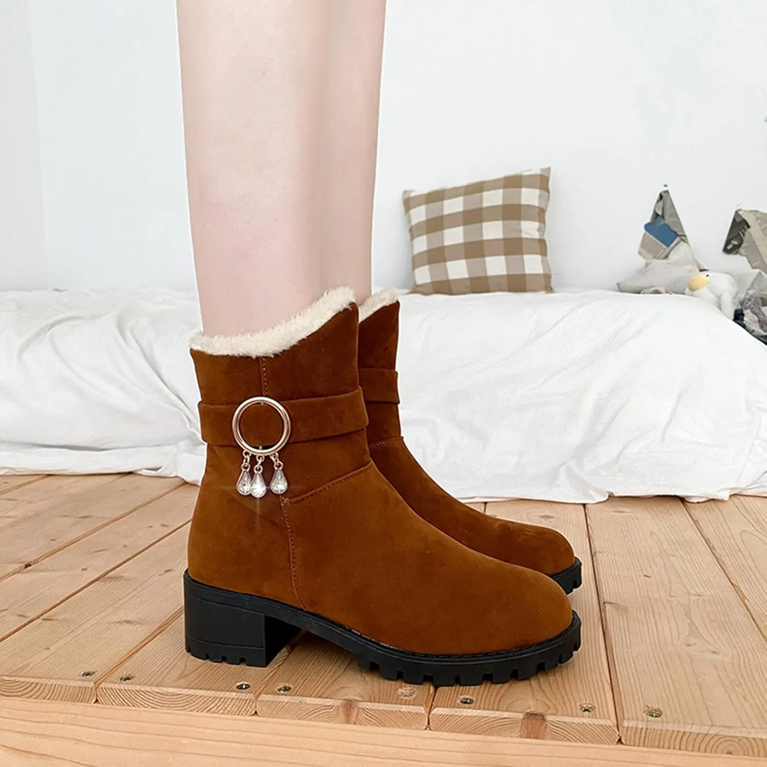 Ankle Boot for Women Fur Lined Snow Boots Round Toe Booties Leather Chunky Heel 2022 Fall & Winter Shoes Casual Boots