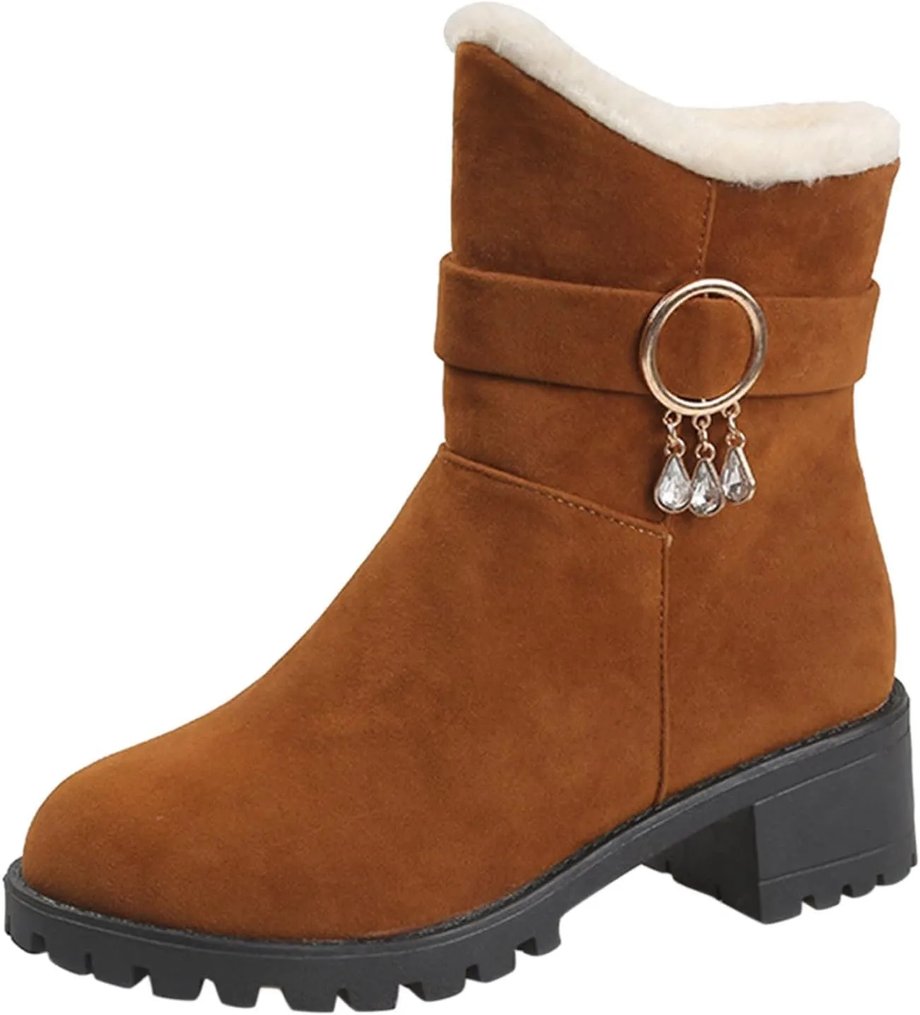 Ankle Boot for Women Fur Lined Snow Boots Round Toe Booties Leather Chunky Heel 2022 Fall & Winter Shoes Casual Boots