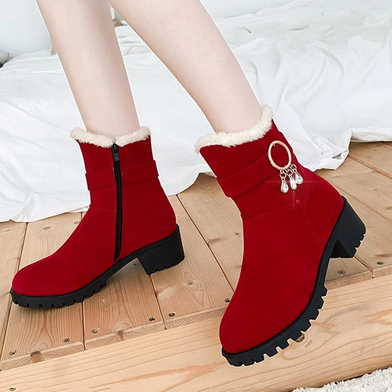 Ankle Boot for Women Fur Lined Snow Boots Round Toe Booties Leather Chunky Heel 2022 Fall & Winter Shoes Casual Boots