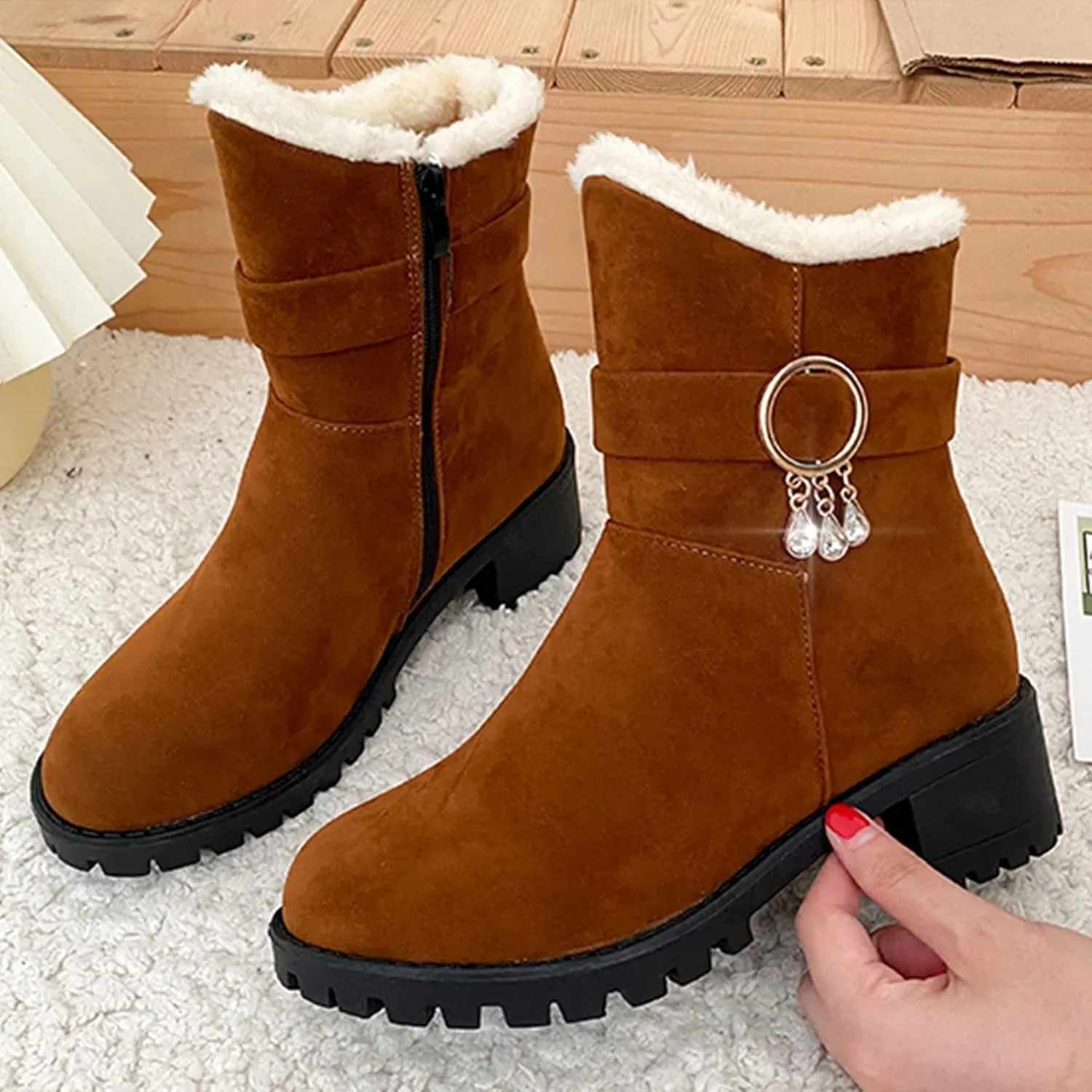 Ankle Boot for Women Fur Lined Snow Boots Round Toe Booties Leather Chunky Heel 2022 Fall & Winter Shoes Casual Boots