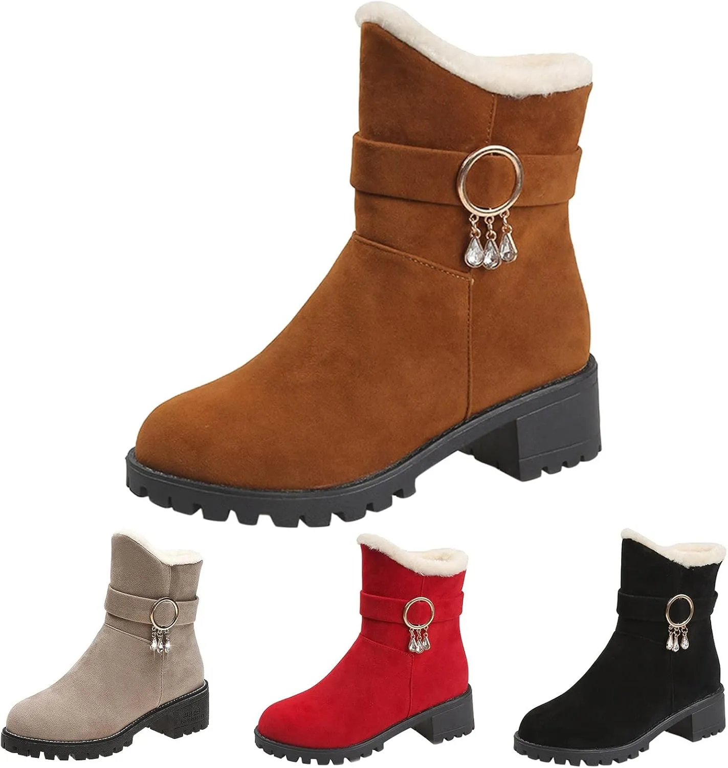 Ankle Boot for Women Fur Lined Snow Boots Round Toe Booties Leather Chunky Heel 2022 Fall & Winter Shoes Casual Boots