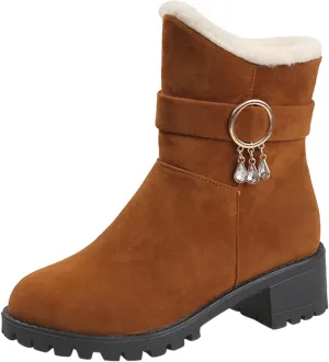 Ankle Boot for Women Fur Lined Snow Boots Round Toe Booties Leather Chunky Heel 2022 Fall & Winter Shoes Casual Boots