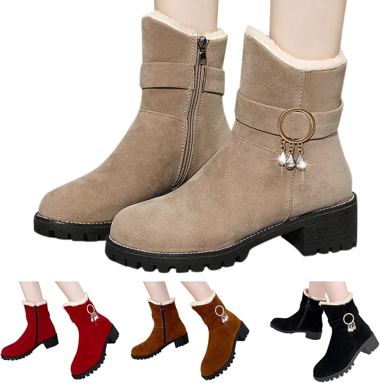 Ankle Boot for Women Fur Lined Snow Boots Round Toe Booties Leather Chunky Heel 2022 Fall & Winter Shoes Casual Boots