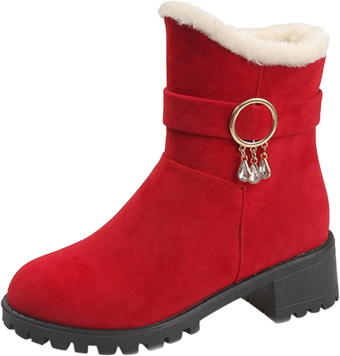Ankle Boot for Women Fur Lined Snow Boots Round Toe Booties Leather Chunky Heel 2022 Fall & Winter Shoes Casual Boots