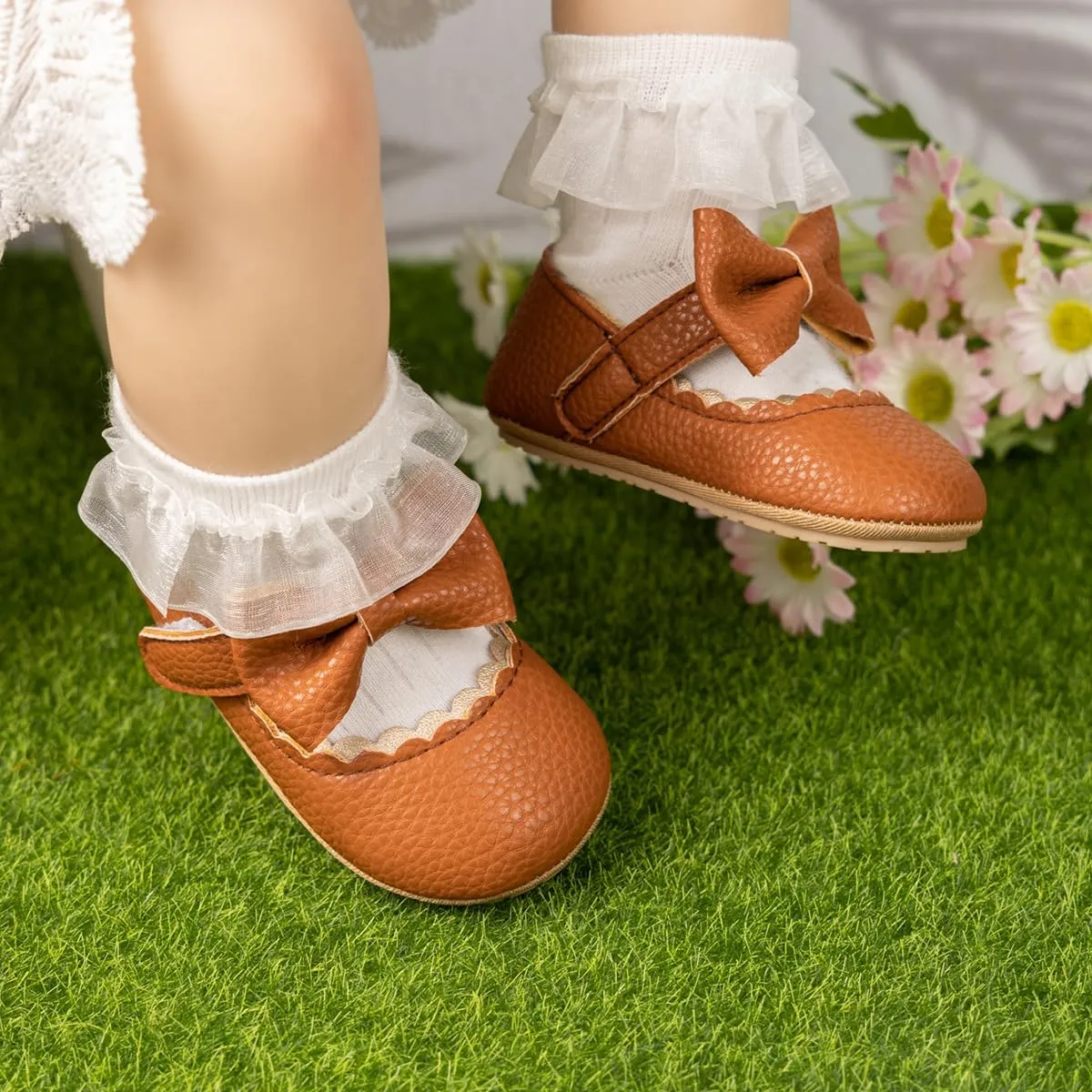 Baby Girls Soft Princess Dress Flats Shoes Infant Wedding Mary Jane Anti-Slip First Walker Newborn Shoe Baptism Christening Texture Sole Sneaker Shoes