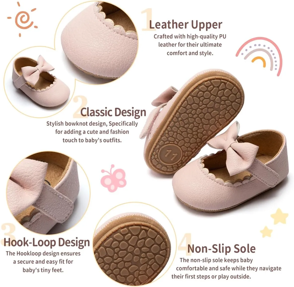 Baby Girls Soft Princess Dress Flats Shoes Infant Wedding Mary Jane Anti-Slip First Walker Newborn Shoe Baptism Christening Texture Sole Sneaker Shoes