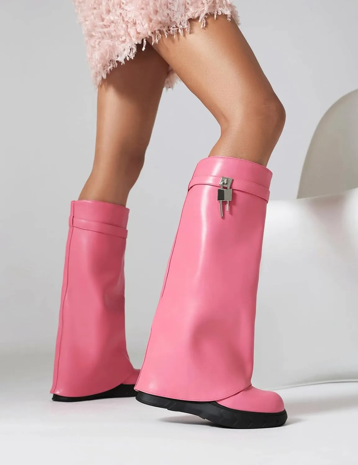 Ciuyurra Wedge Heels Fold Over Boots Knee High