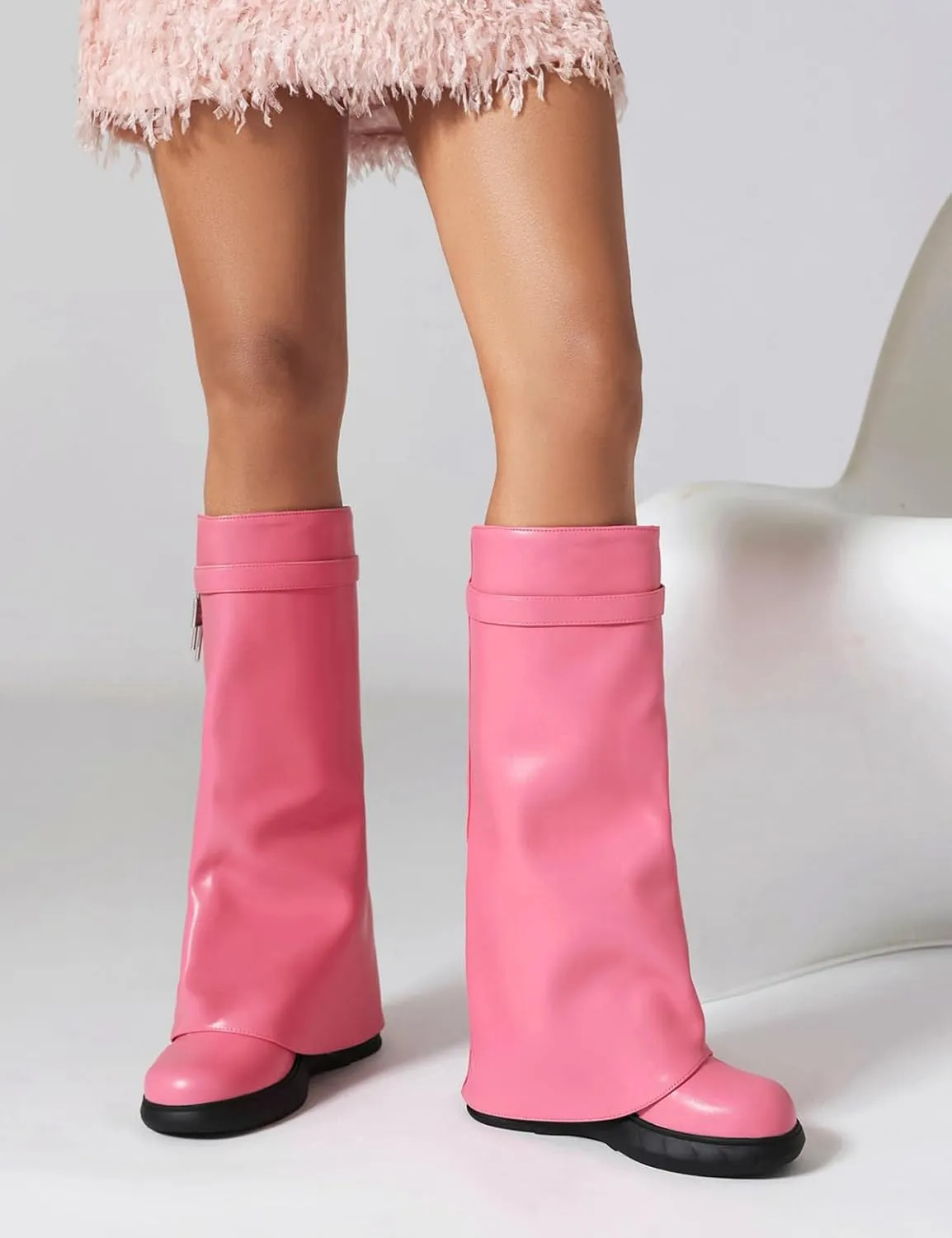 Ciuyurra Wedge Heels Fold Over Boots Knee High
