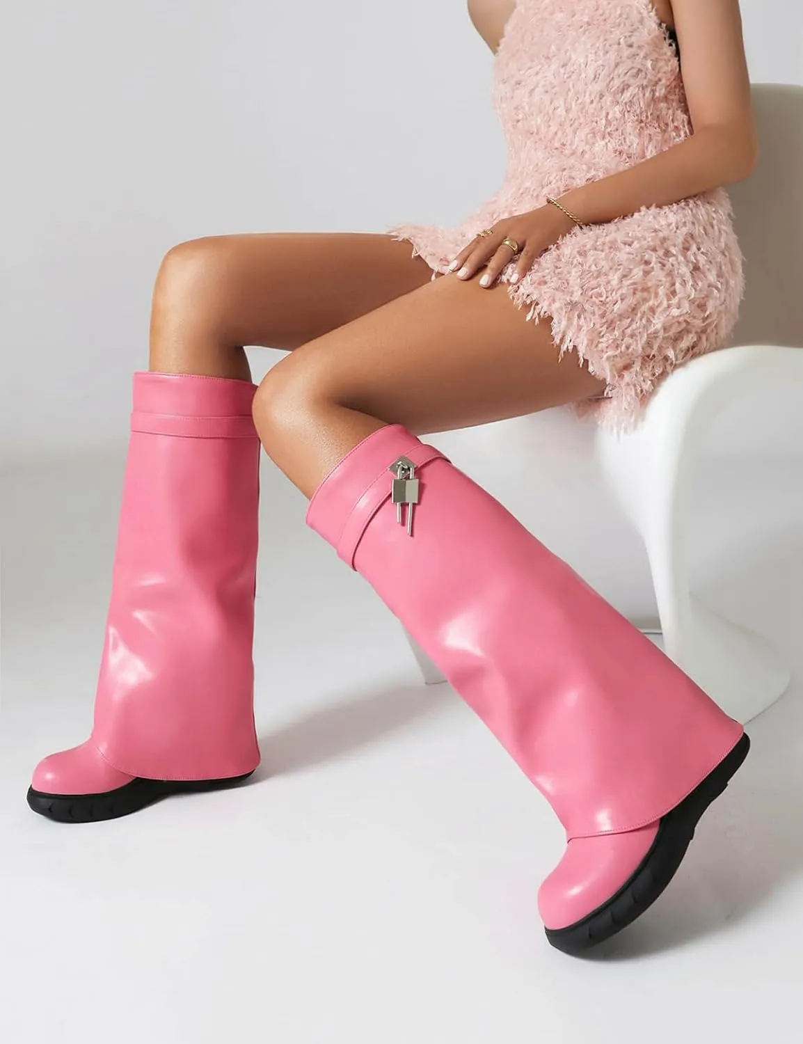 Ciuyurra Wedge Heels Fold Over Boots Knee High