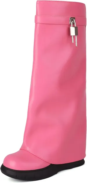 Ciuyurra Wedge Heels Fold Over Boots Knee High
