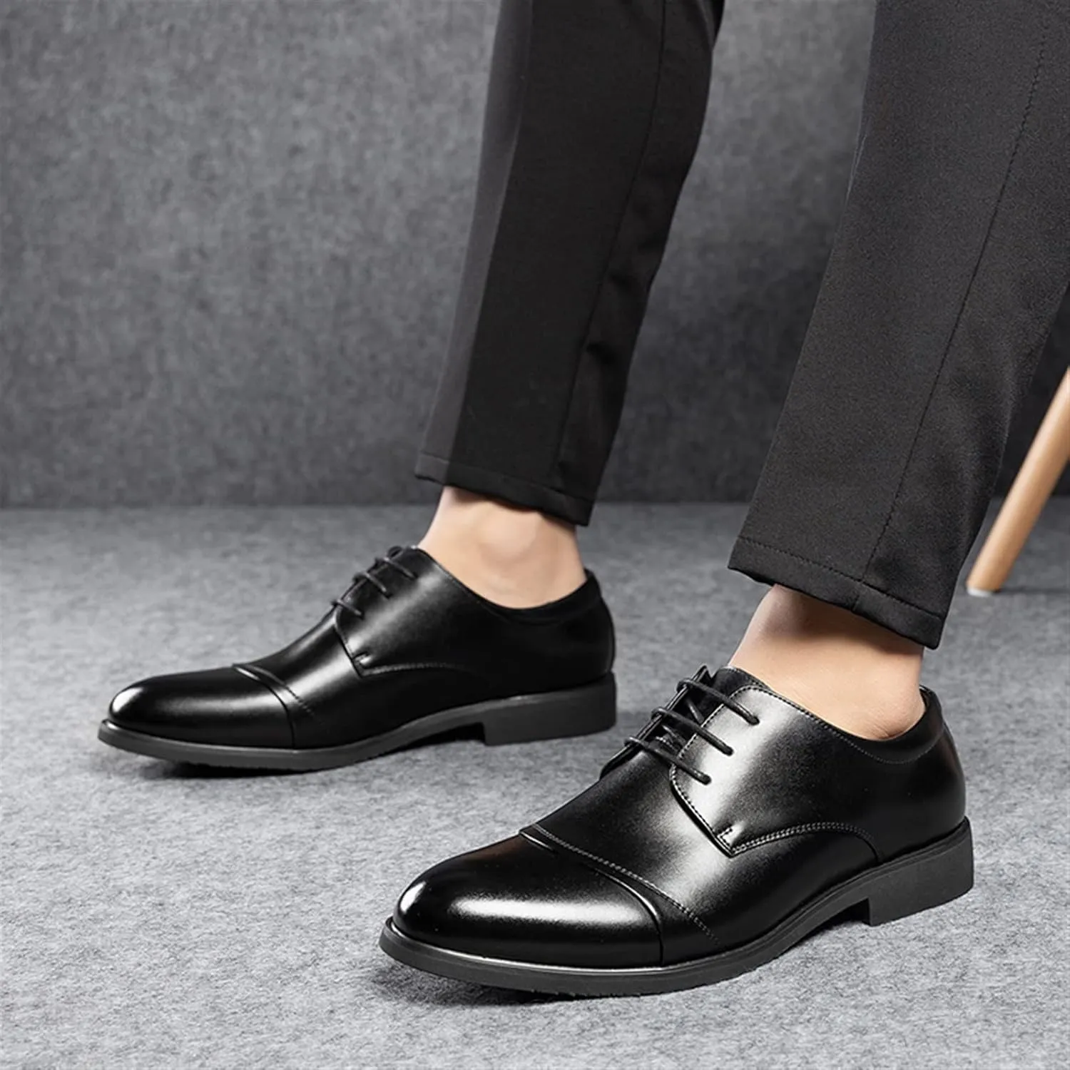 Dress Oxford Shoes for Men Lace Up Cap Toe Burnished Toe Derby Shoes Leather Non Slip Low Top Slip Resistant Rubber Sole Prom