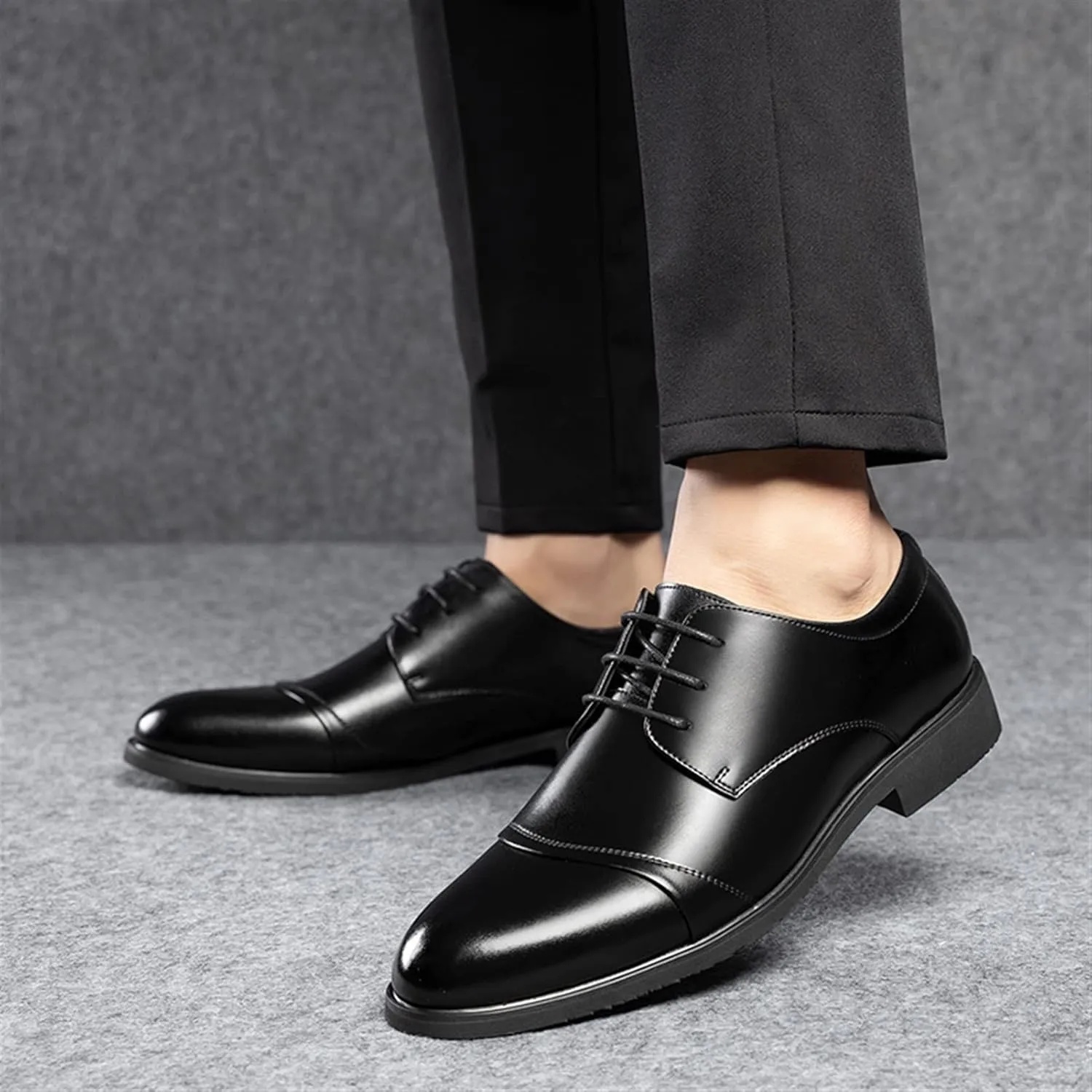 Dress Oxford Shoes for Men Lace Up Cap Toe Burnished Toe Derby Shoes Leather Non Slip Low Top Slip Resistant Rubber Sole Prom