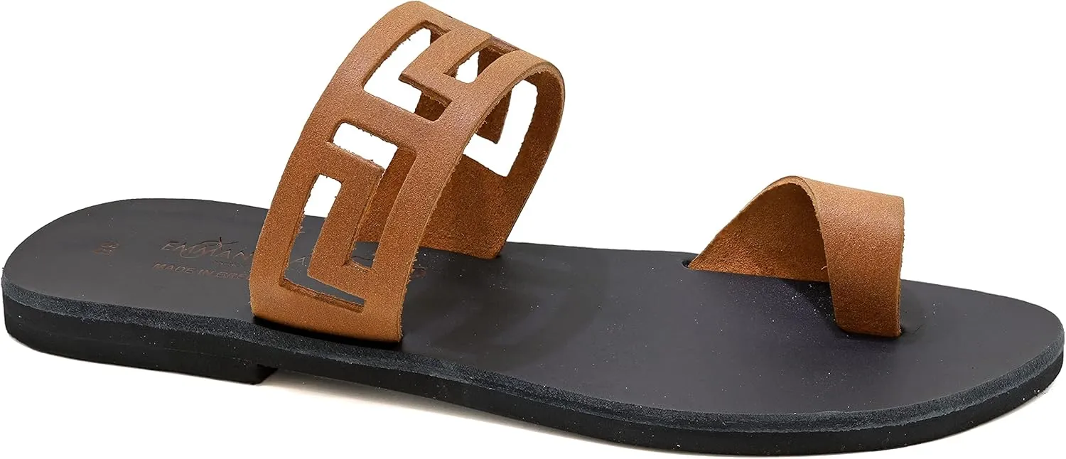 Emmanuela Ancient Greek Handmade Leather Flat Toe Ring Sandals, Quality Slide on Strappy Sandals, Quality Slide on Summer Shoes for Women, Open Toe Sliders, Boho Chic Mules