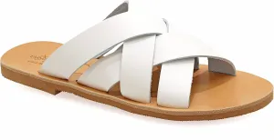Emmanuela Ancient Greek Style Sandals, Handmade Leather Open Toe X Strappy Flat Sandals, Quality Slide on Summer Shoes for Women, Boho Chic Sliders Beige White Turqoise