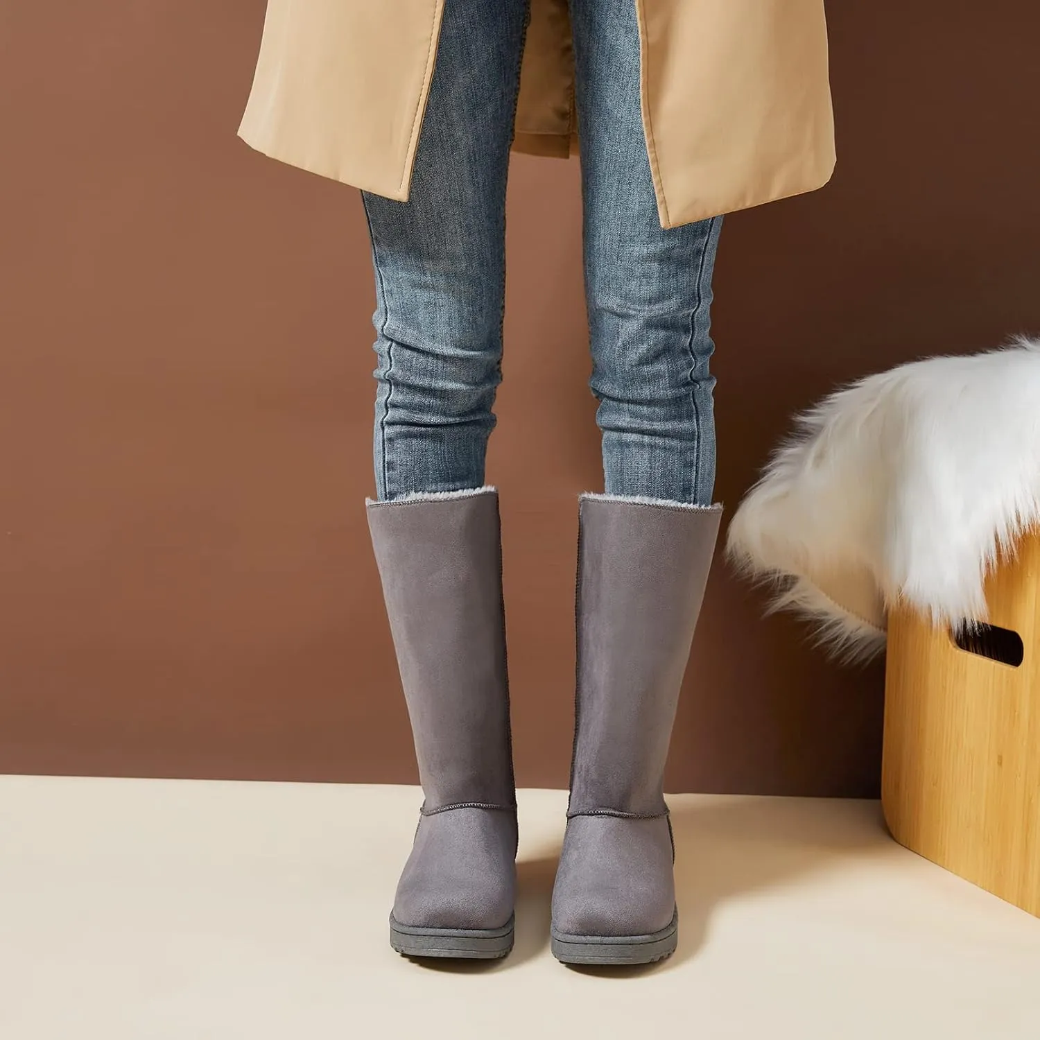 Eydram Women's Mid-Calf Winter Snow Boots Warm Fur Boots Wide Calf Slip on Fashion Boots
