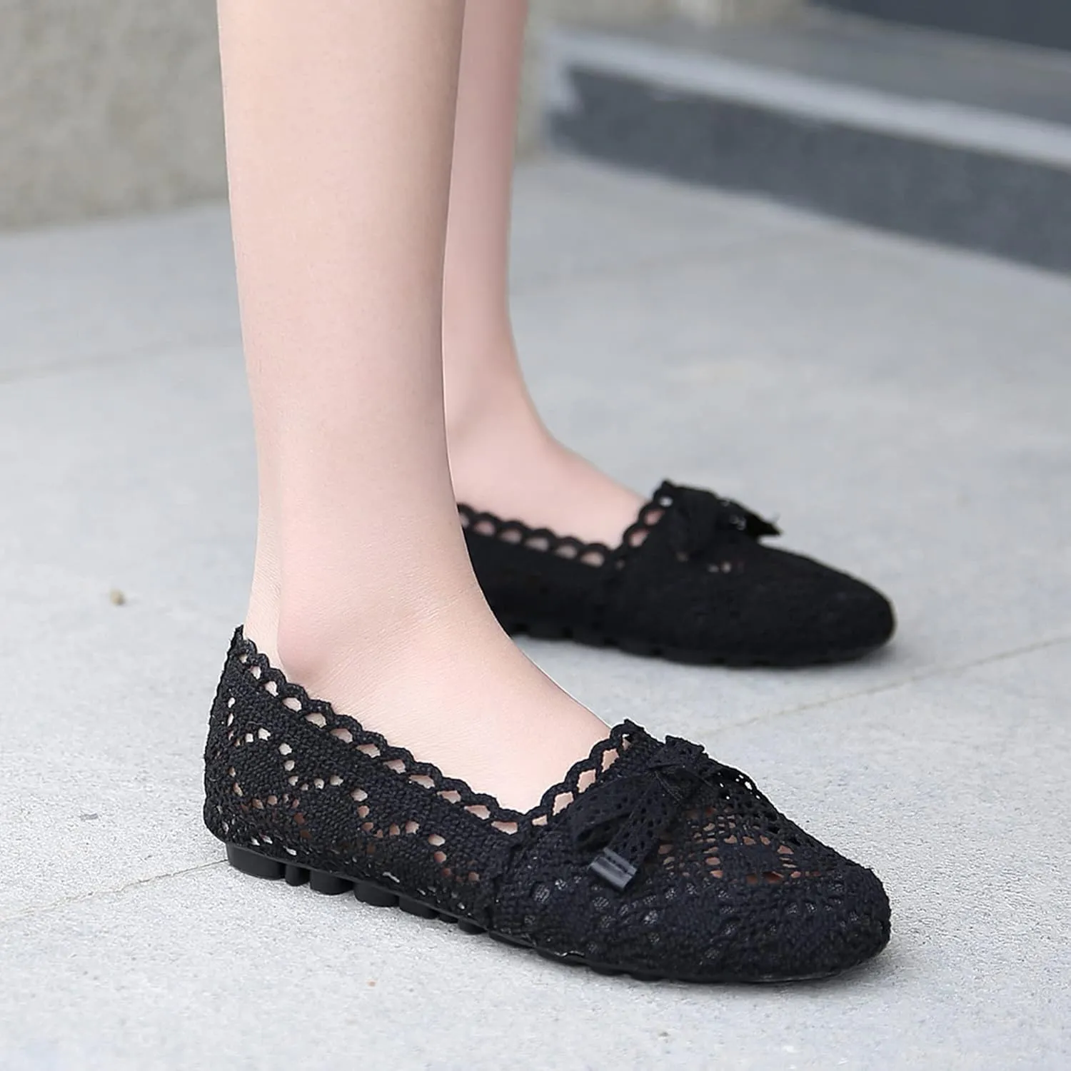 Hee grand Women's Slip On Ballet Flats Sweet Bow-Knot Lace Flat Shoes Soft Comfort Walking Shoes