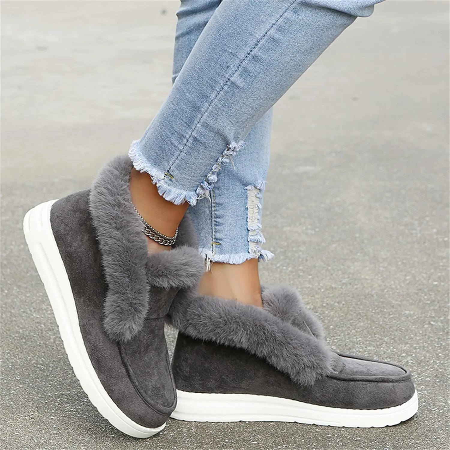 Ladmiple Snow Boots For Women 2023 Trendy Warm Fur Lined Winter Outdoor Short Ankle Booties Slip On Fashion Walking Shoes