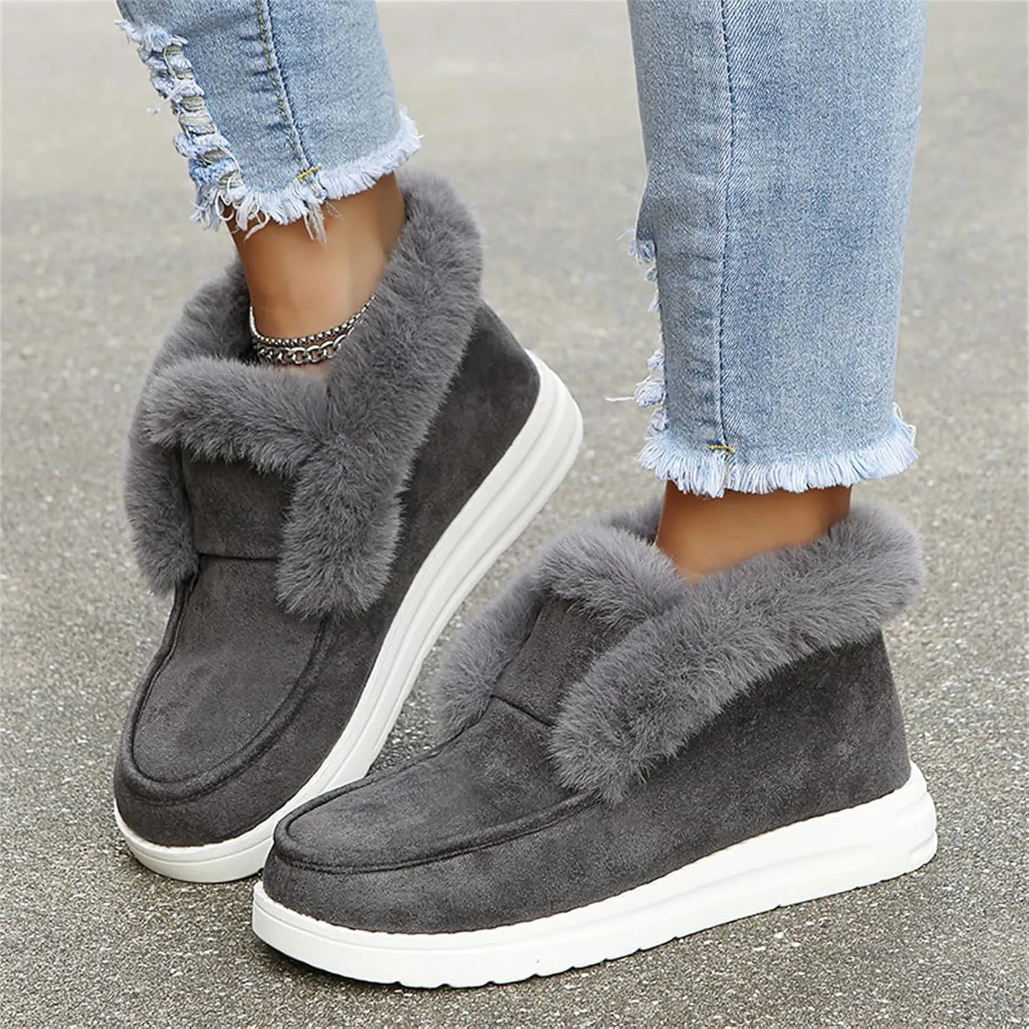 Ladmiple Snow Boots For Women 2023 Trendy Warm Fur Lined Winter Outdoor Short Ankle Booties Slip On Fashion Walking Shoes