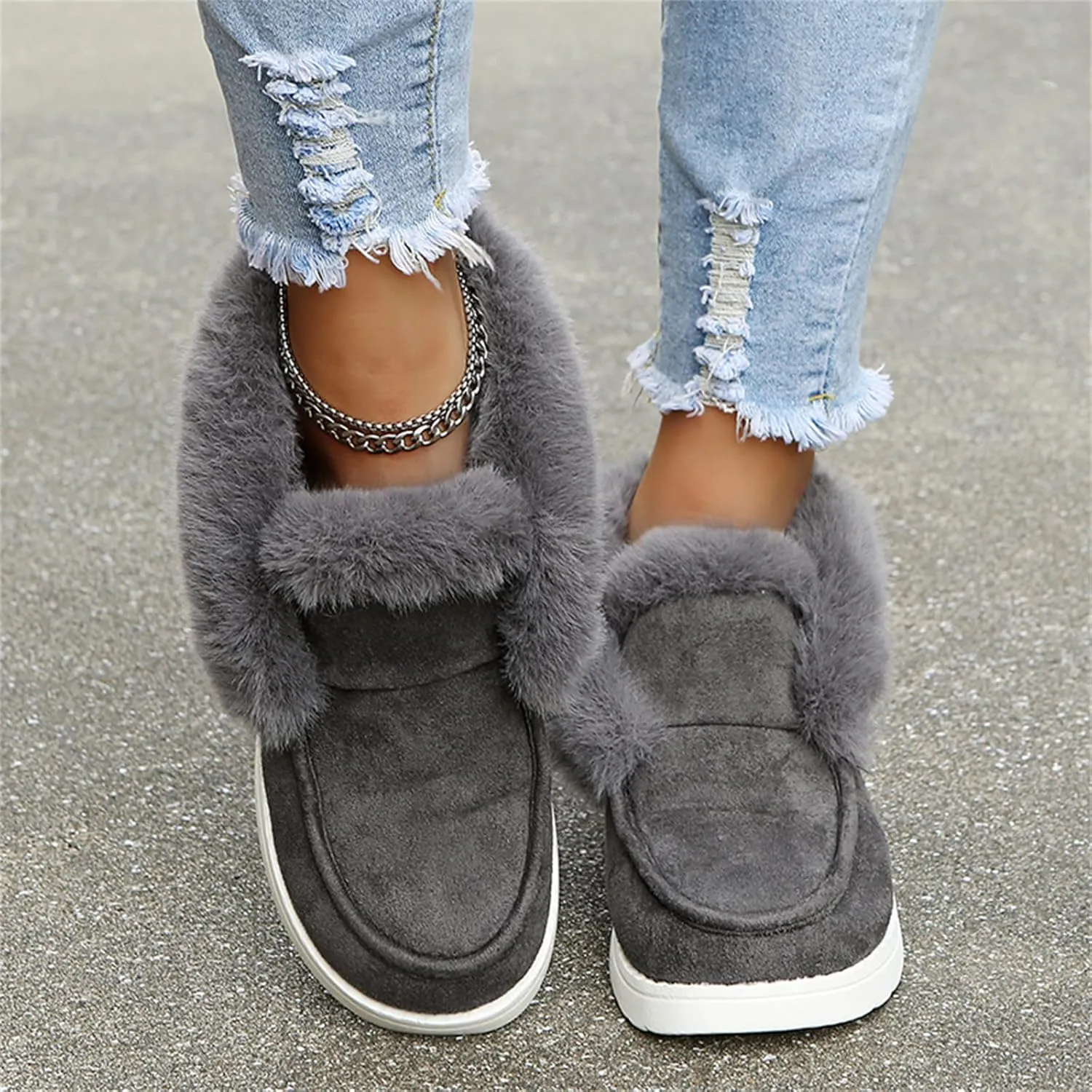 Ladmiple Snow Boots For Women 2023 Trendy Warm Fur Lined Winter Outdoor Short Ankle Booties Slip On Fashion Walking Shoes