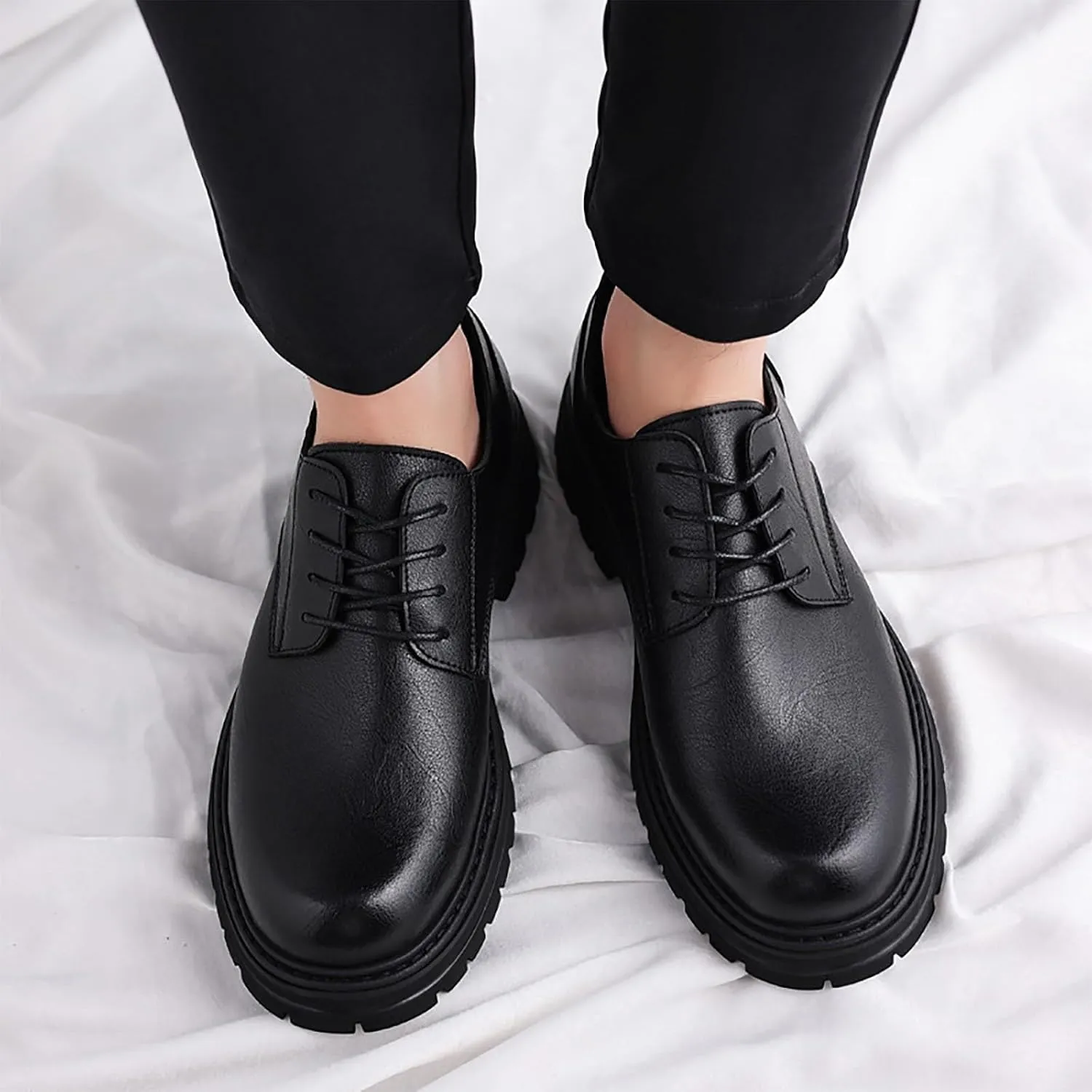 Men's Chunky Leather Big Toe Dress Casual Shoes with Thick Anti-Slip Sole, Business Winter Work Shoes, Comfortable & Breathable Low-Cut Oxford Shoes for Men