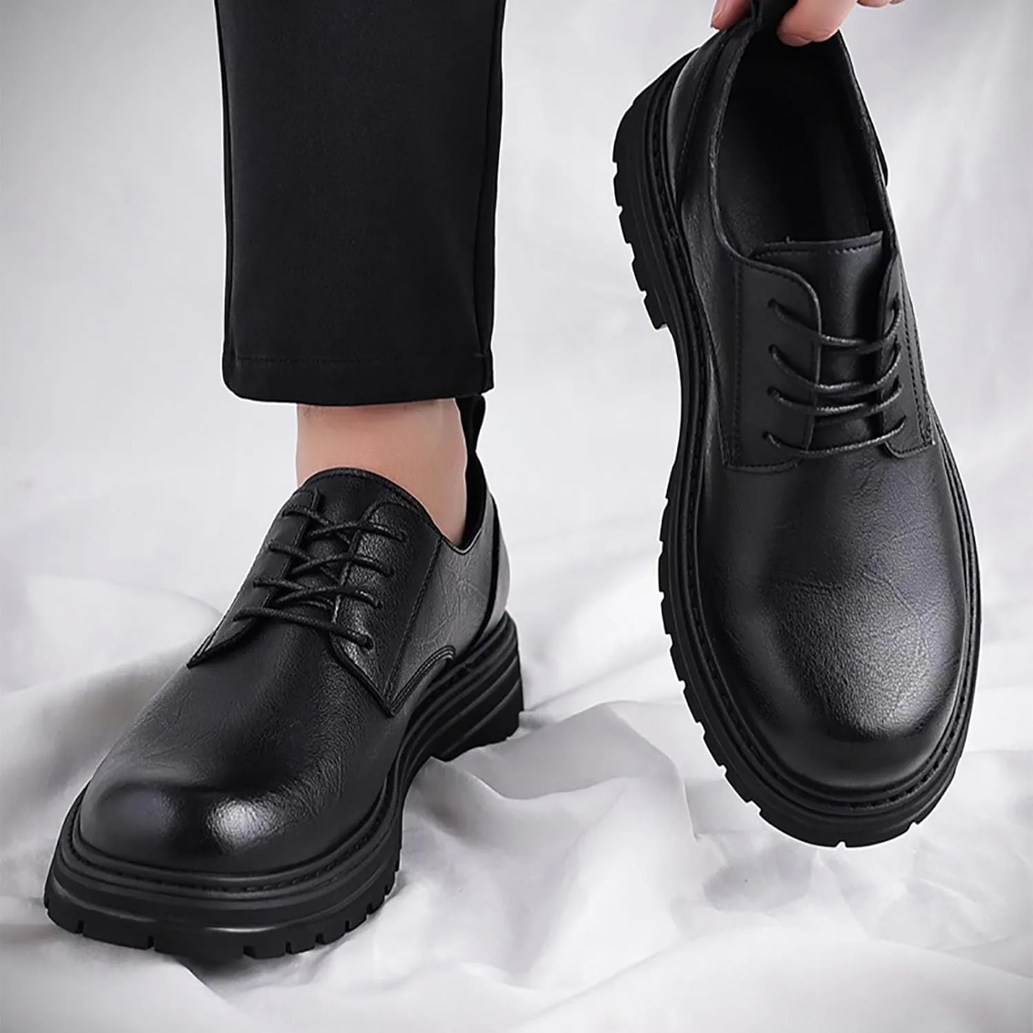 Men's Chunky Leather Big Toe Dress Casual Shoes with Thick Anti-Slip Sole, Business Winter Work Shoes, Comfortable & Breathable Low-Cut Oxford Shoes for Men