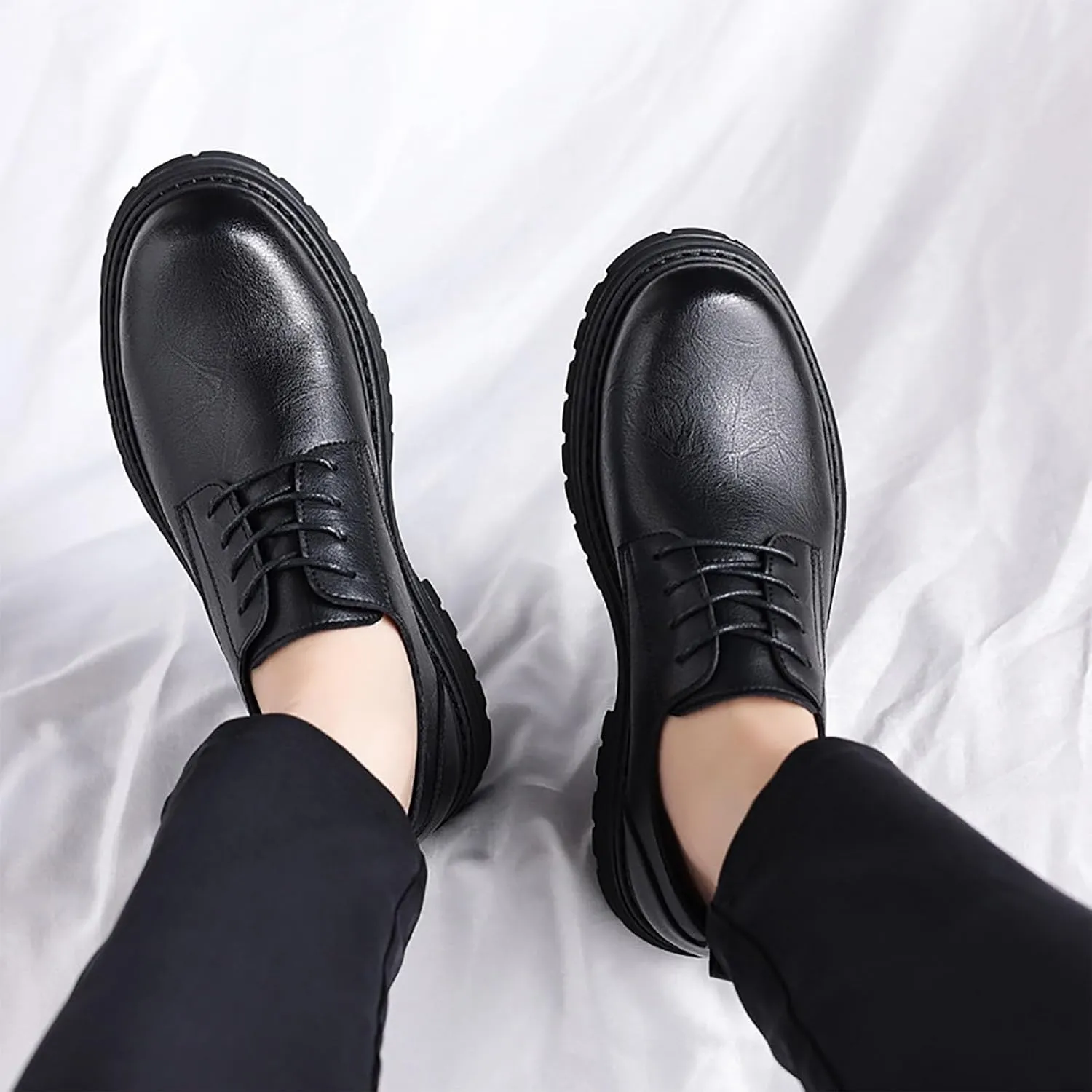 Men's Chunky Leather Big Toe Dress Casual Shoes with Thick Anti-Slip Sole, Business Winter Work Shoes, Comfortable & Breathable Low-Cut Oxford Shoes for Men