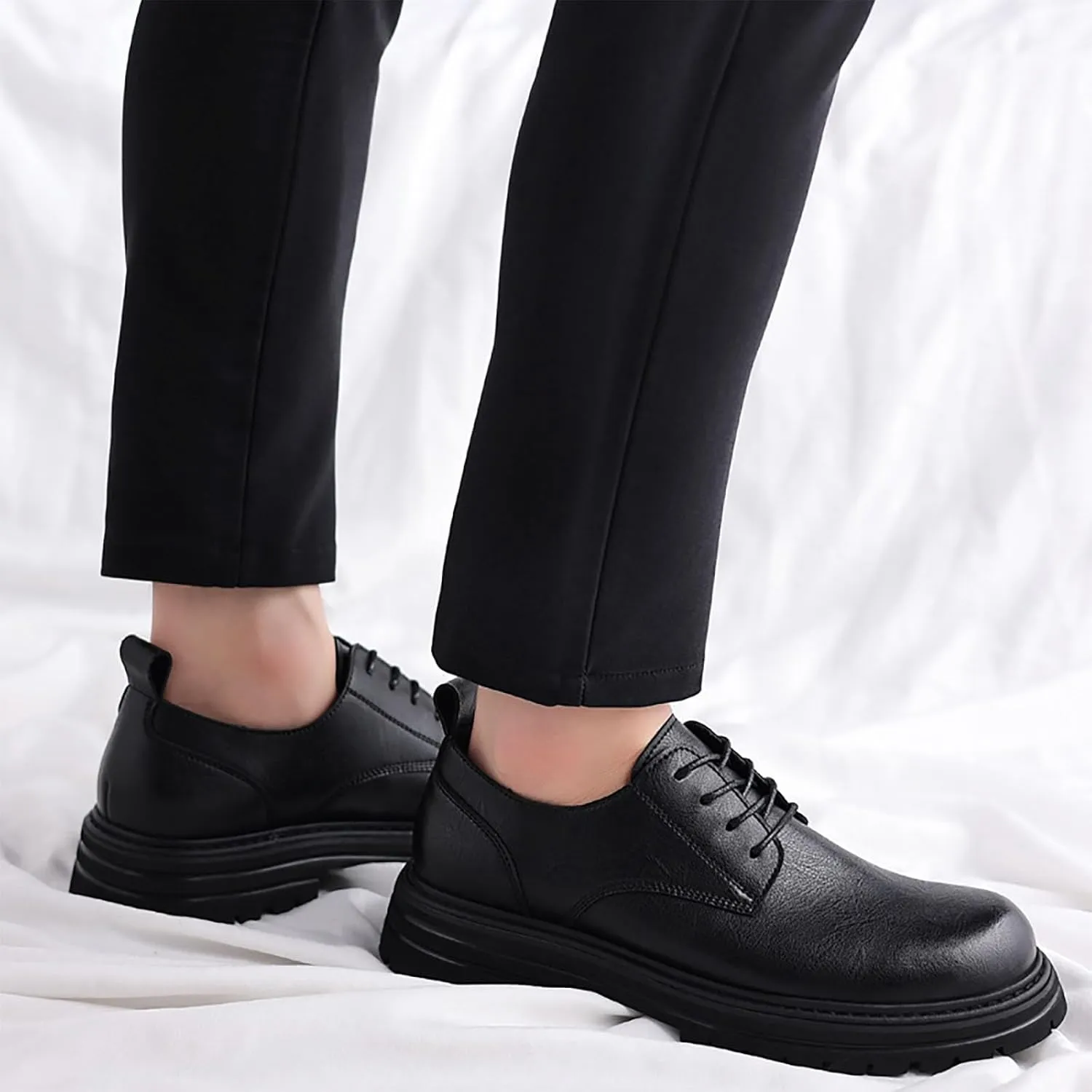 Men's Chunky Leather Big Toe Dress Casual Shoes with Thick Anti-Slip Sole, Business Winter Work Shoes, Comfortable & Breathable Low-Cut Oxford Shoes for Men