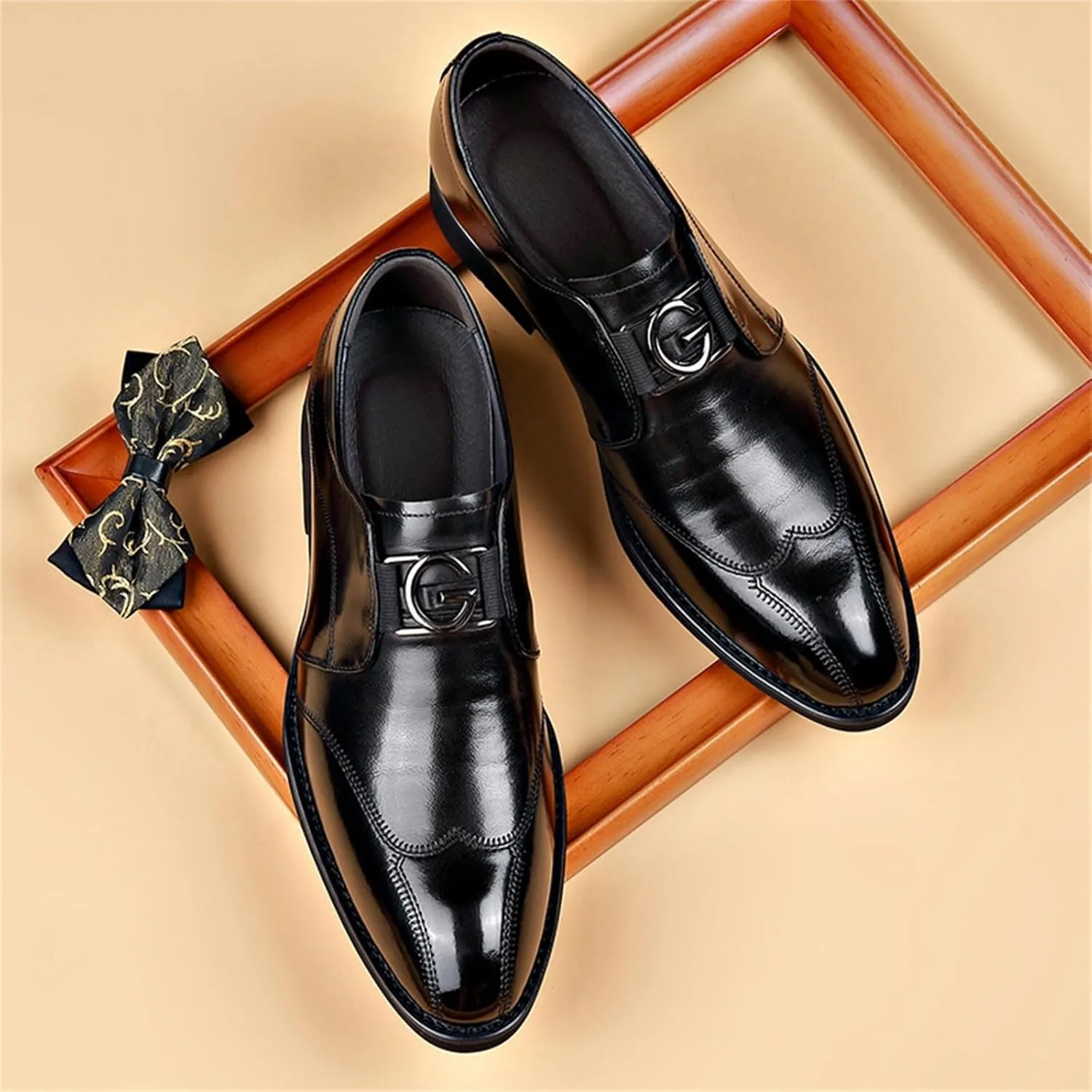 Mens Elegant Business Formal Shoes Low Heel Non Slip Dress Leather Shoes Men Comfortble Slip on Business Dress Shoe Arch Support Walking Leather Shoe Retro Formal Footwear Office Work