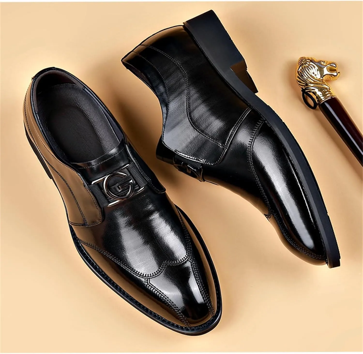 Mens Elegant Business Formal Shoes Low Heel Non Slip Dress Leather Shoes Men Comfortble Slip on Business Dress Shoe Arch Support Walking Leather Shoe Retro Formal Footwear Office Work