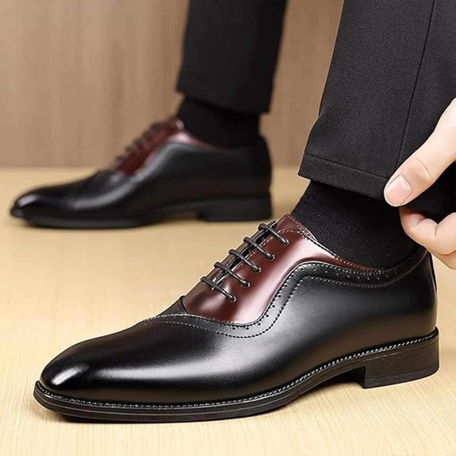 Men's Leather Two-Tone Oxford Derby Shoes Fashion Lace-Up Low-Cut Casual Business Office Wedding Formal Dress Shoes