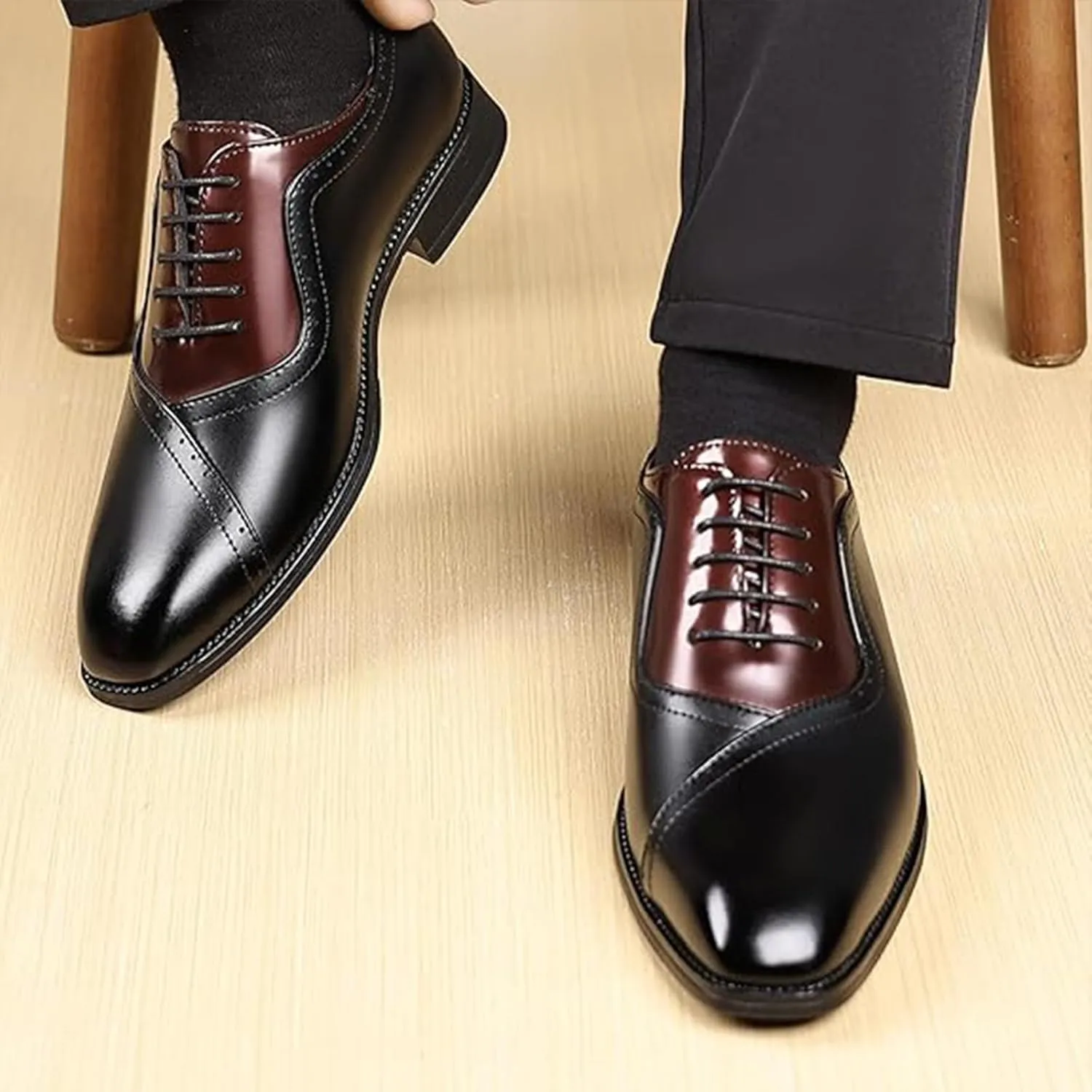 Men's Leather Two-Tone Oxford Derby Shoes Fashion Lace-Up Low-Cut Casual Business Office Wedding Formal Dress Shoes