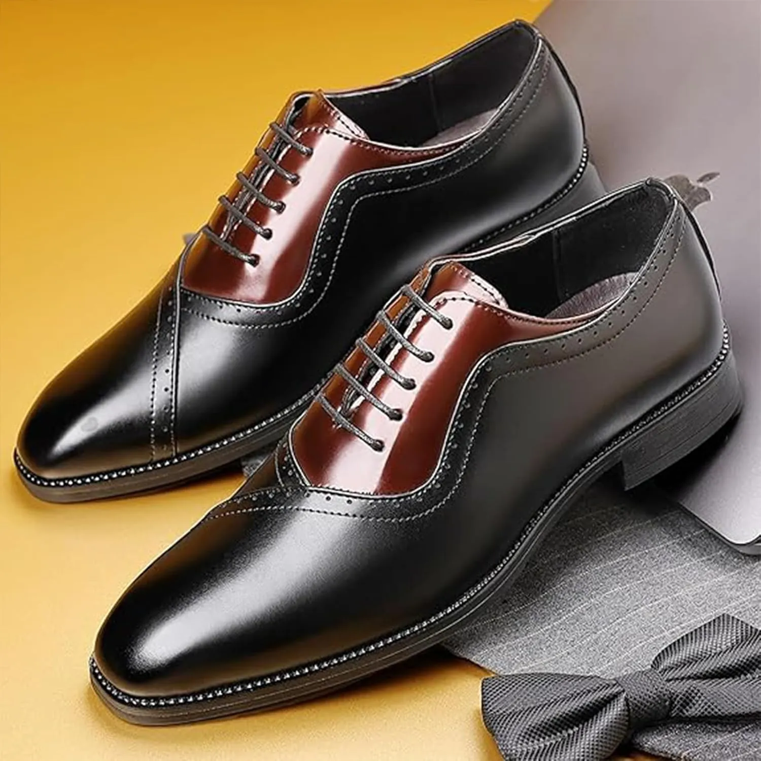 Men's Leather Two-Tone Oxford Derby Shoes Fashion Lace-Up Low-Cut Casual Business Office Wedding Formal Dress Shoes