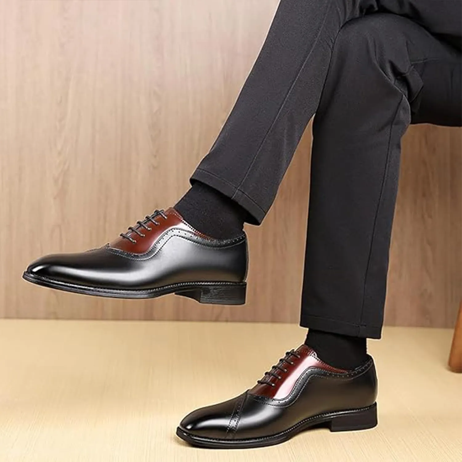 Men's Leather Two-Tone Oxford Derby Shoes Fashion Lace-Up Low-Cut Casual Business Office Wedding Formal Dress Shoes