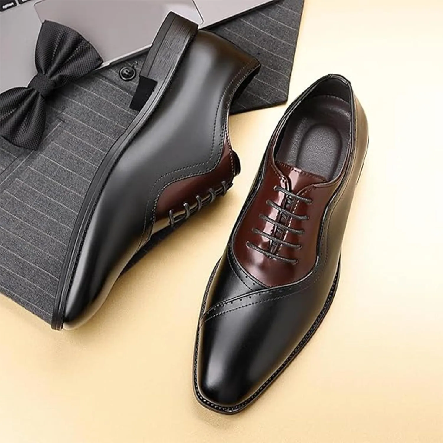 Men's Leather Two-Tone Oxford Derby Shoes Fashion Lace-Up Low-Cut Casual Business Office Wedding Formal Dress Shoes