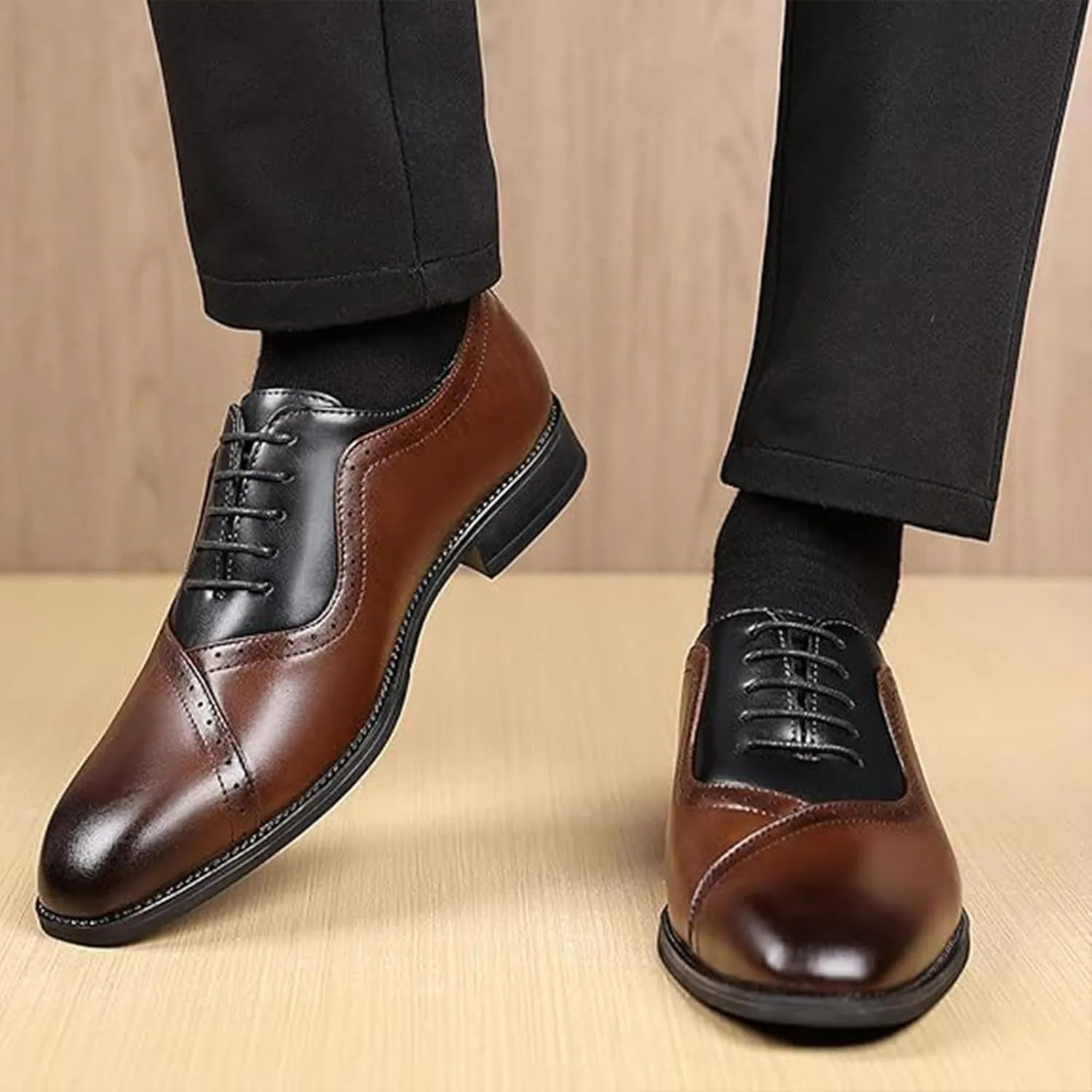 Men's Leather Two-Tone Oxford Derby Shoes Fashion Lace-Up Low-Cut Casual Business Office Wedding Formal Dress Shoes