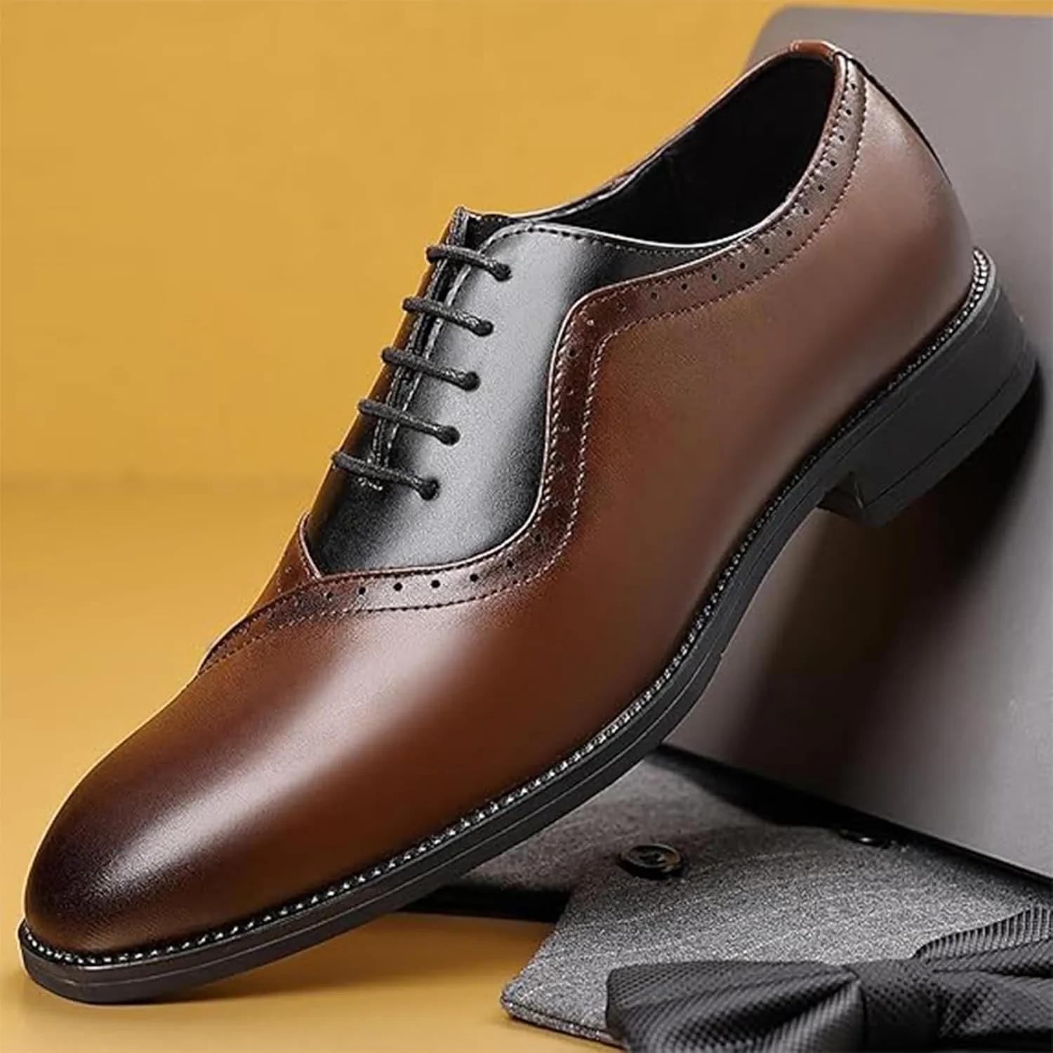 Men's Leather Two-Tone Oxford Derby Shoes Fashion Lace-Up Low-Cut Casual Business Office Wedding Formal Dress Shoes