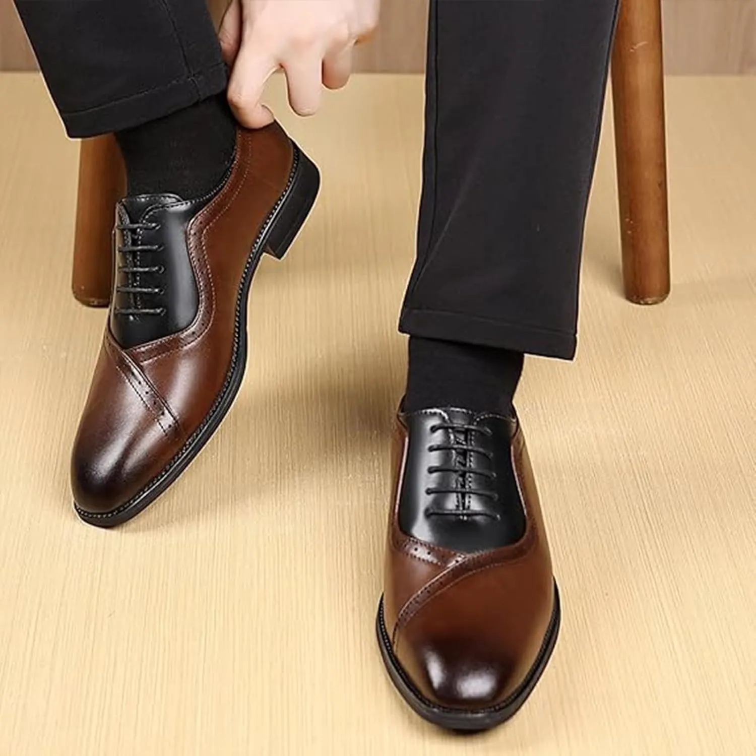 Men's Leather Two-Tone Oxford Derby Shoes Fashion Lace-Up Low-Cut Casual Business Office Wedding Formal Dress Shoes
