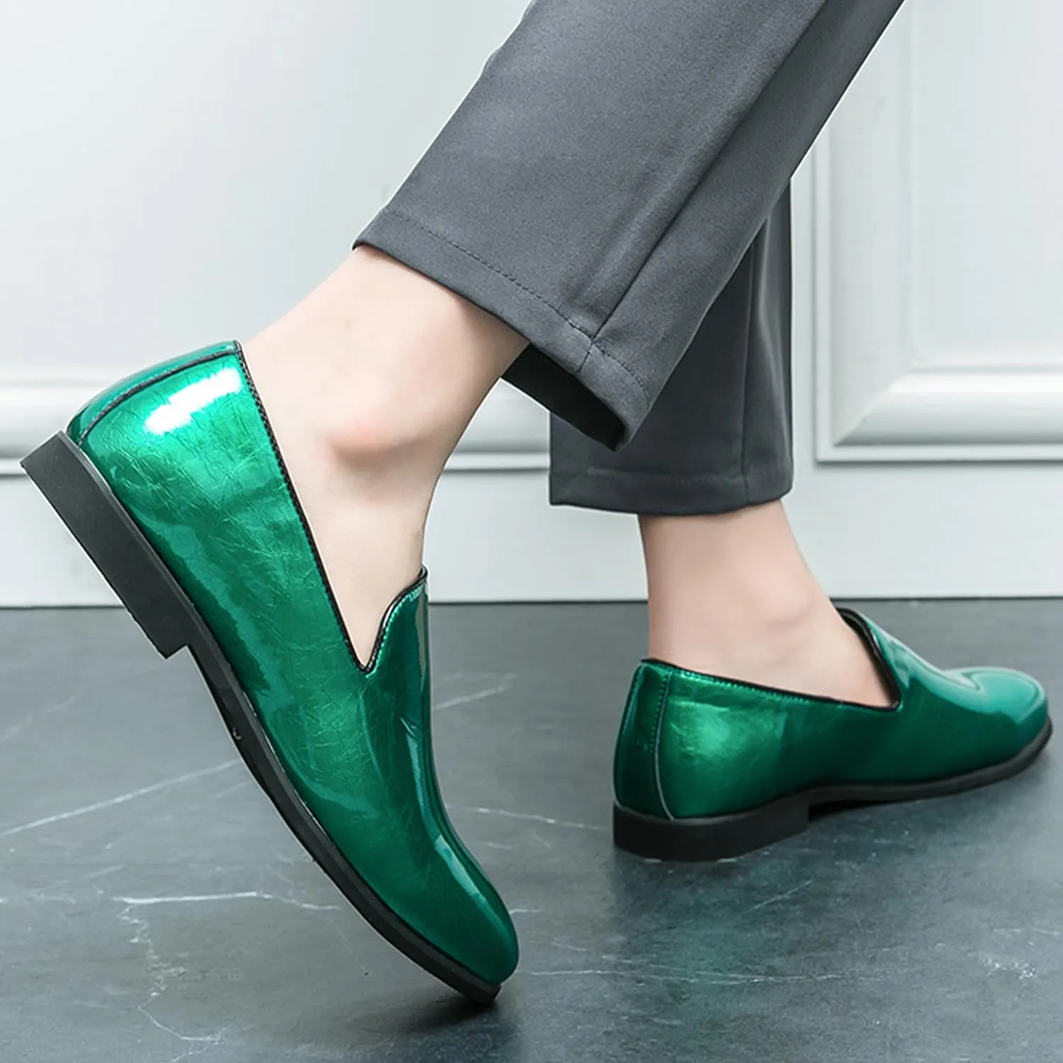 Men's Slip-On Loafers Patent Leather Dress Loafers with Metallic Blue Textured Fashion Party Formal Shoes Design