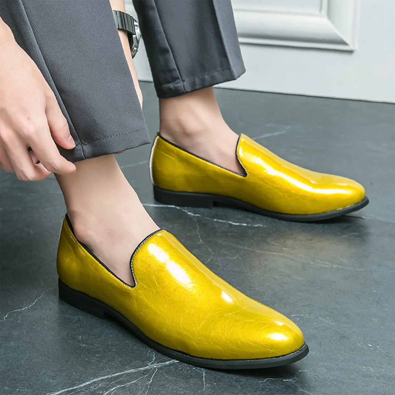 Men's Slip-On Loafers Patent Leather Dress Loafers with Metallic Blue Textured Fashion Party Formal Shoes Design