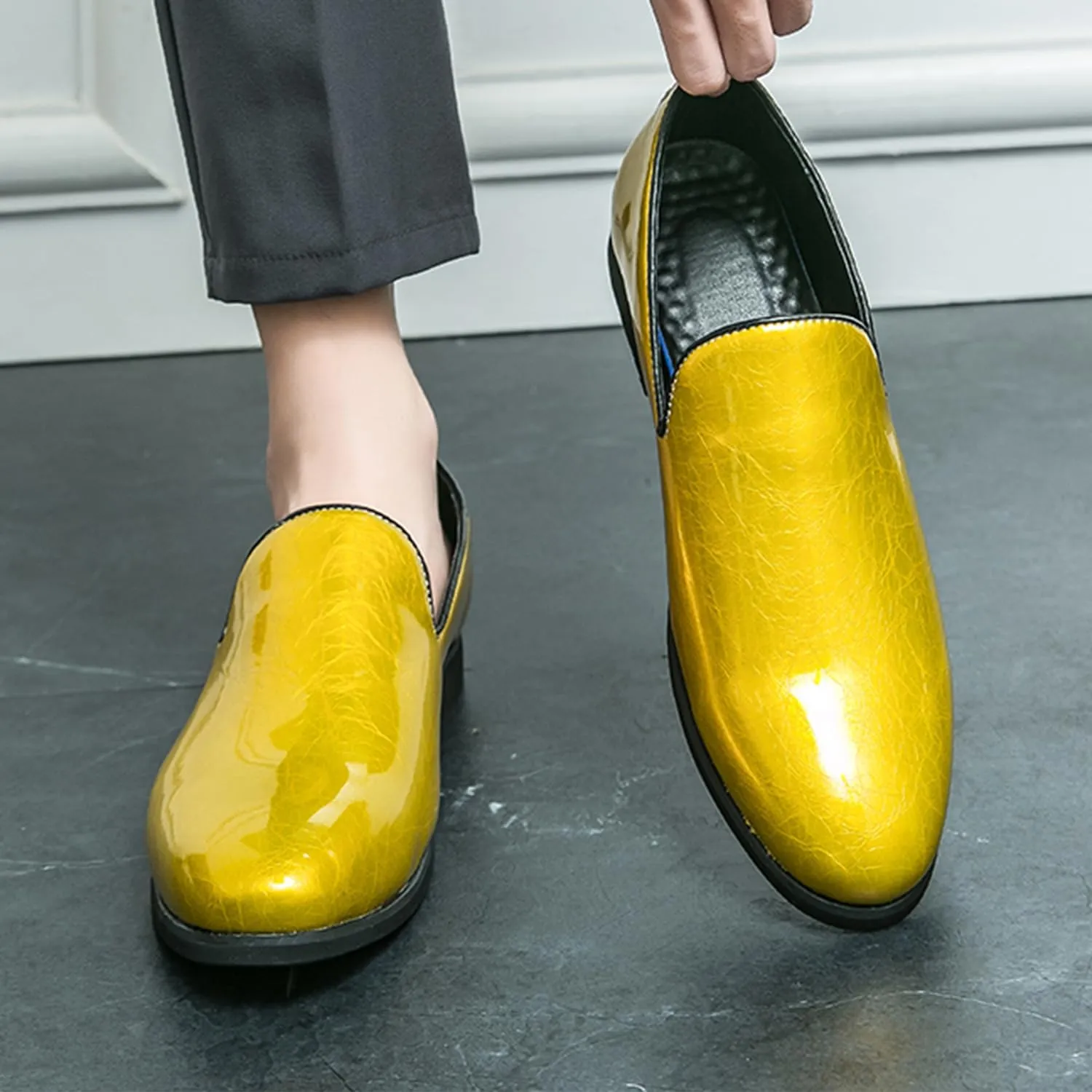 Men's Slip-On Loafers Patent Leather Dress Loafers with Metallic Blue Textured Fashion Party Formal Shoes Design