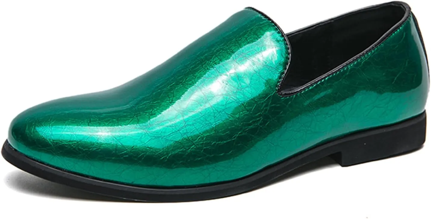 Men's Slip-On Loafers Patent Leather Dress Loafers with Metallic Blue Textured Fashion Party Formal Shoes Design