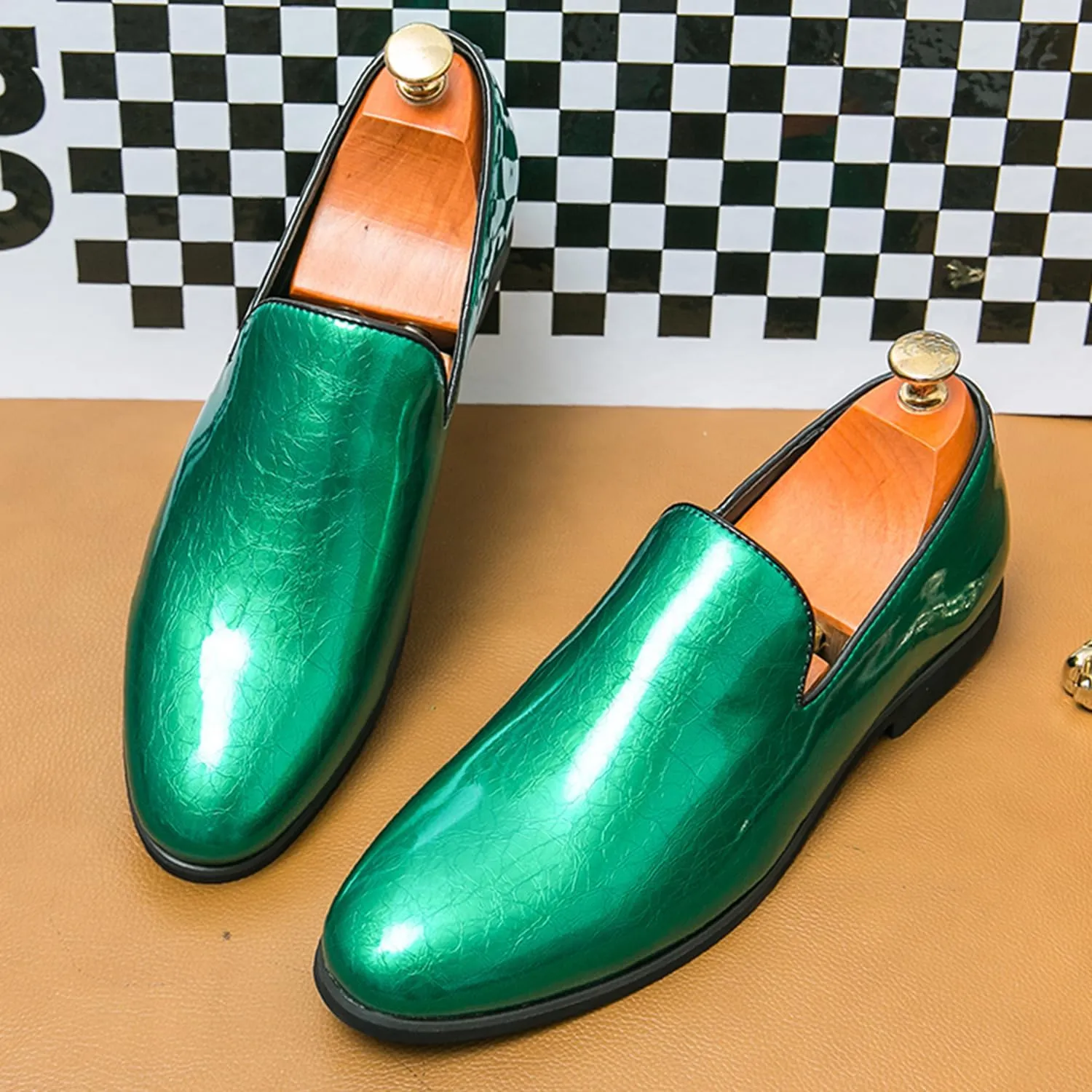Men's Slip-On Loafers Patent Leather Dress Loafers with Metallic Blue Textured Fashion Party Formal Shoes Design