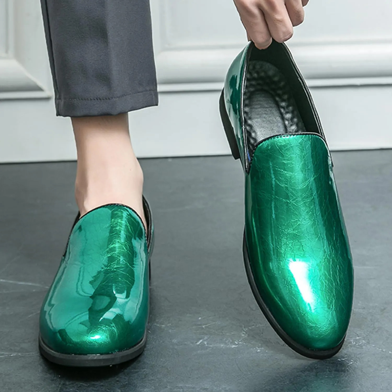 Men's Slip-On Loafers Patent Leather Dress Loafers with Metallic Blue Textured Fashion Party Formal Shoes Design