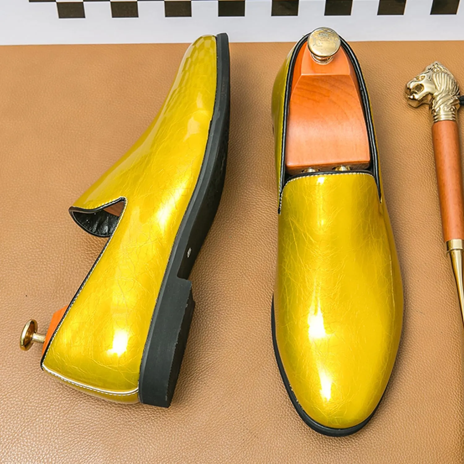 Men's Slip-On Loafers Patent Leather Dress Loafers with Metallic Blue Textured Fashion Party Formal Shoes Design