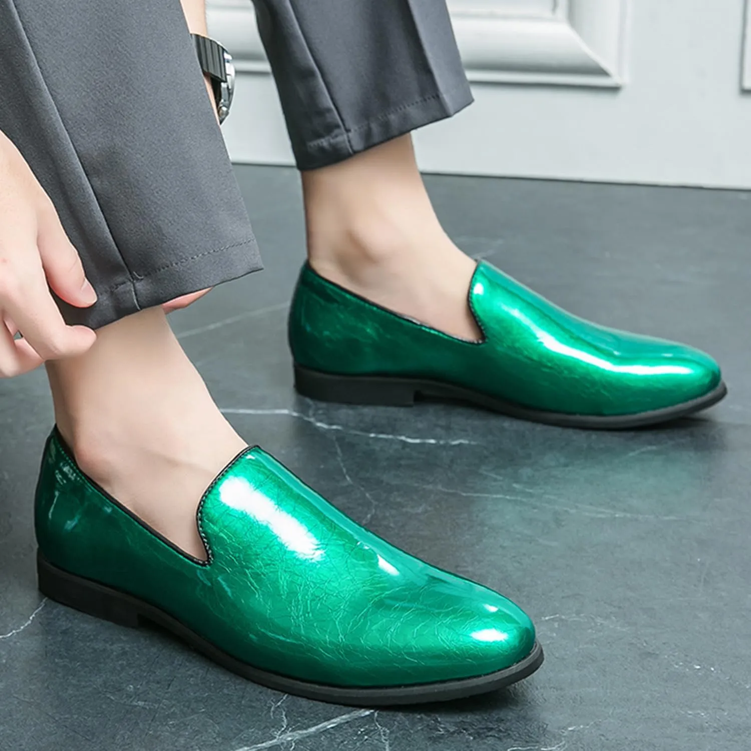Men's Slip-On Loafers Patent Leather Dress Loafers with Metallic Blue Textured Fashion Party Formal Shoes Design