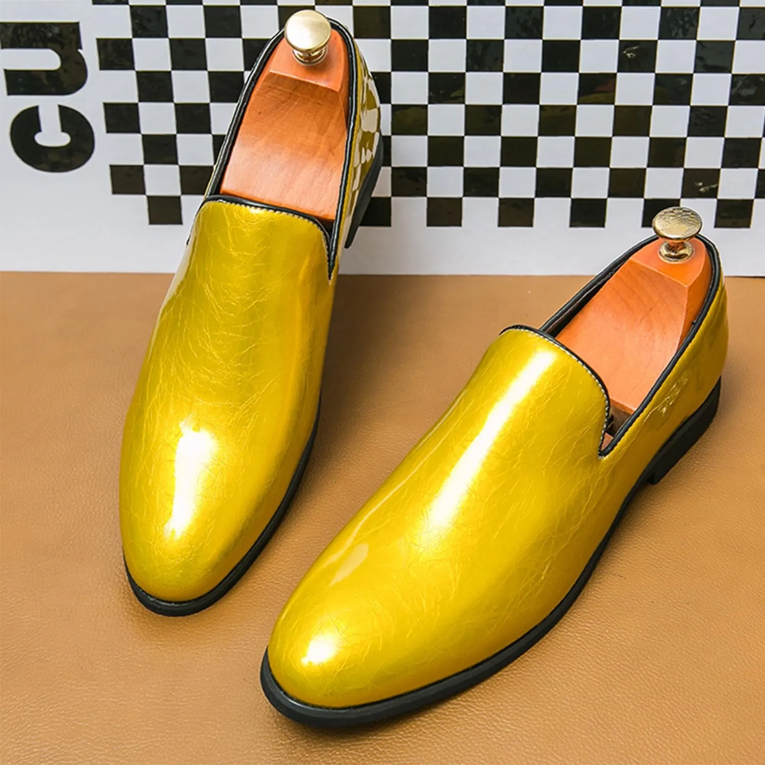 Men's Slip-On Loafers Patent Leather Dress Loafers with Metallic Blue Textured Fashion Party Formal Shoes Design