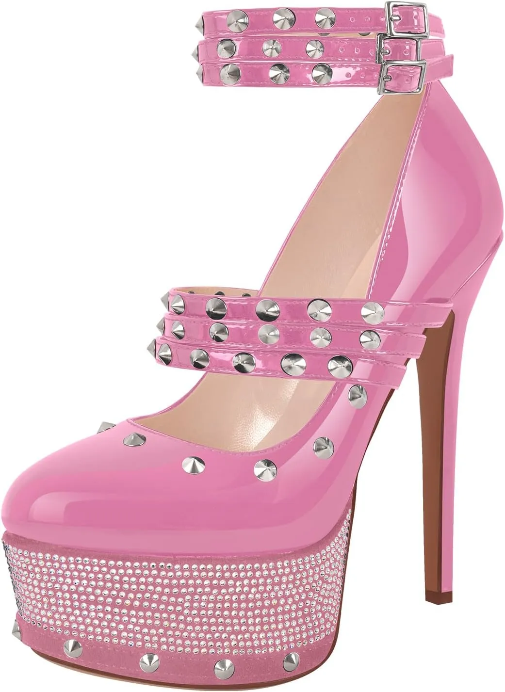 onlymaker Close Toe Stiletto Platform Mary Jane Pumps for Women Triple Buckle up Rivet Studded Strappy Party Shoes