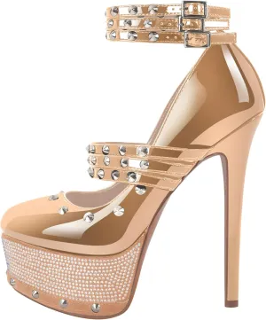 onlymaker Close Toe Stiletto Platform Mary Jane Pumps for Women Triple Buckle up Rivet Studded Strappy Party Shoes