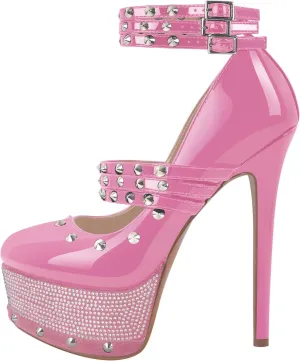 onlymaker Close Toe Stiletto Platform Mary Jane Pumps for Women Triple Buckle up Rivet Studded Strappy Party Shoes