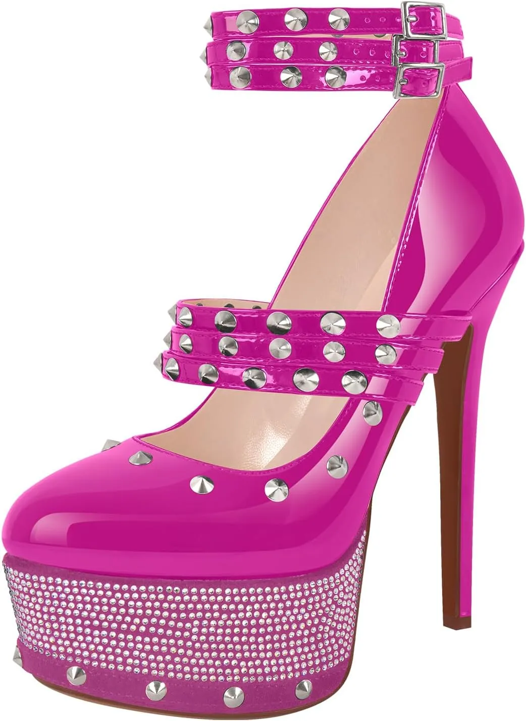 onlymaker Close Toe Stiletto Platform Mary Jane Pumps for Women Triple Buckle up Rivet Studded Strappy Party Shoes